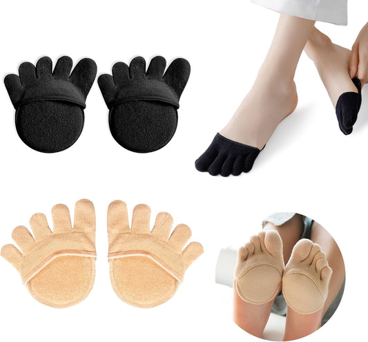 2Pairs Toe Topper Half Socks - Ball of Foot Cushions, Forefoot Pads for Women No Show Black/Beige-closetoe