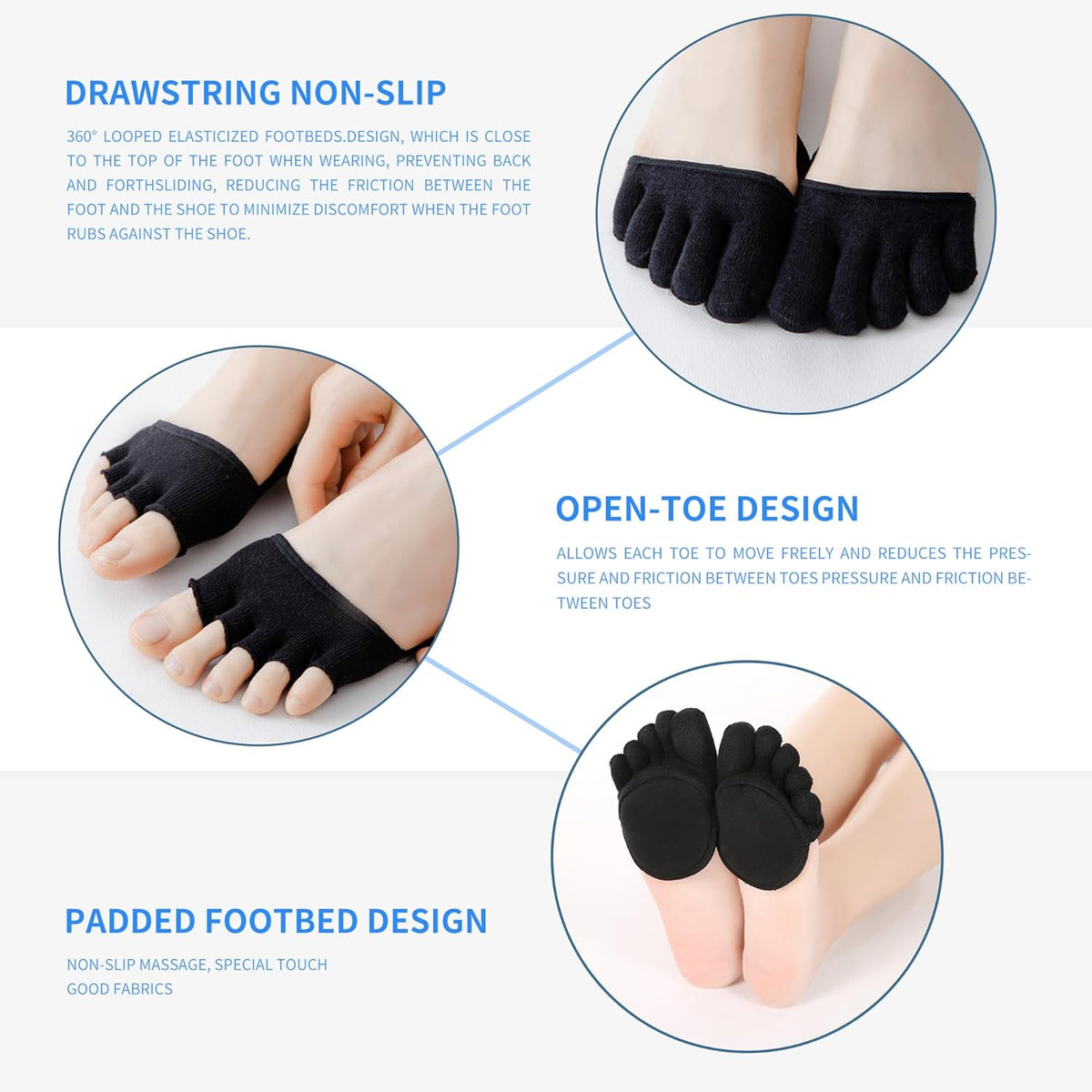 2Pairs Toe Topper Half Socks - Ball of Foot Cushions, Forefoot Pads for Women No Show Black/Beige-closetoe