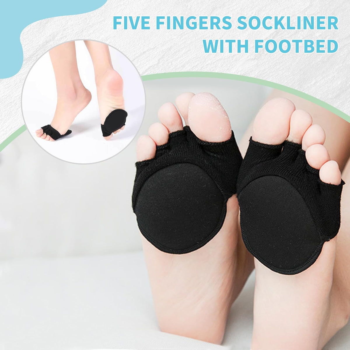 2Pairs Toe Topper Half Socks - Ball of Foot Cushions, Forefoot Pads for Women No Show Black/Beige-closetoe