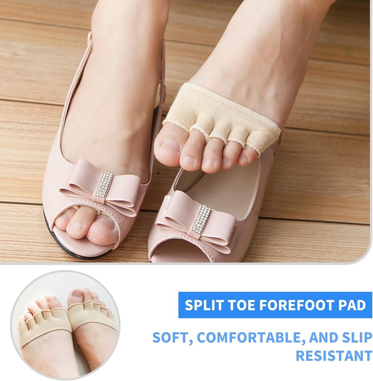 2Pairs Toe Topper Half Socks - Ball of Foot Cushions, Forefoot Pads for Women No Show Black/Beige-closetoe