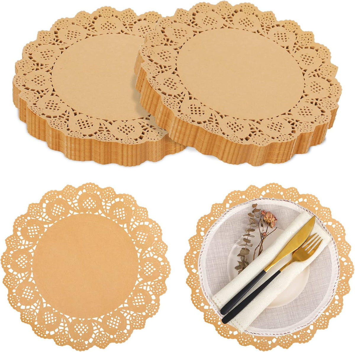 600 Pcs Round Kraft Paper Doilies, 12 Inch Disposable Lace Placemats, Rustic Scallop Doily Table Pads for Wedding, Birthday Party, Food, Cakes, Oil-Proof, Reusable Tableware Decor(Brown) Brown -