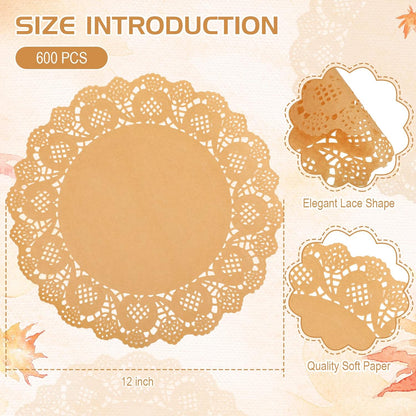 600 Pcs Round Kraft Paper Doilies, 12 Inch Disposable Lace Placemats, Rustic Scallop Doily Table Pads for Wedding, Birthday Party, Food, Cakes, Oil-Proof, Reusable Tableware Decor(Brown) Brown -