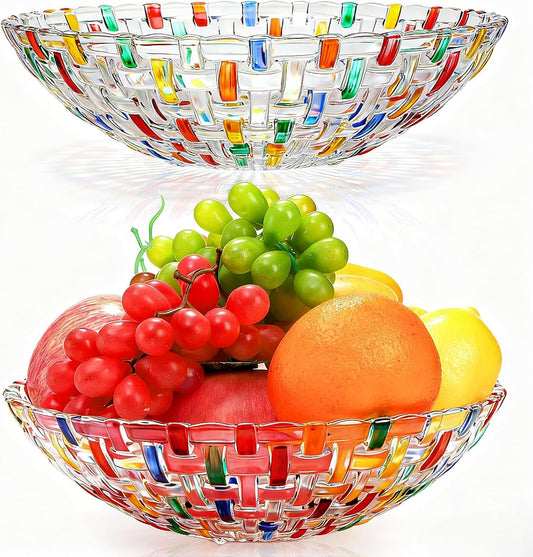 2 Pack Colorful Crystal Glass Fruit Bowls, 10" Hand Painted Woven Art Bowl, Decorative Large Plate to Display Salad Dessert Cake Candy Snack for Home Office Wedding Centerpiece Decor
