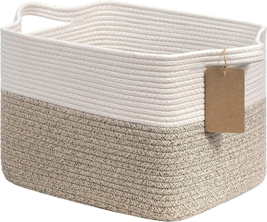 Woven storage basket - cotton rope basket for closet organizer - square shelf basket for toys - books - shoes - decorative empty gift basket for home bathroom decor - 33x25x22.5 cm - brown