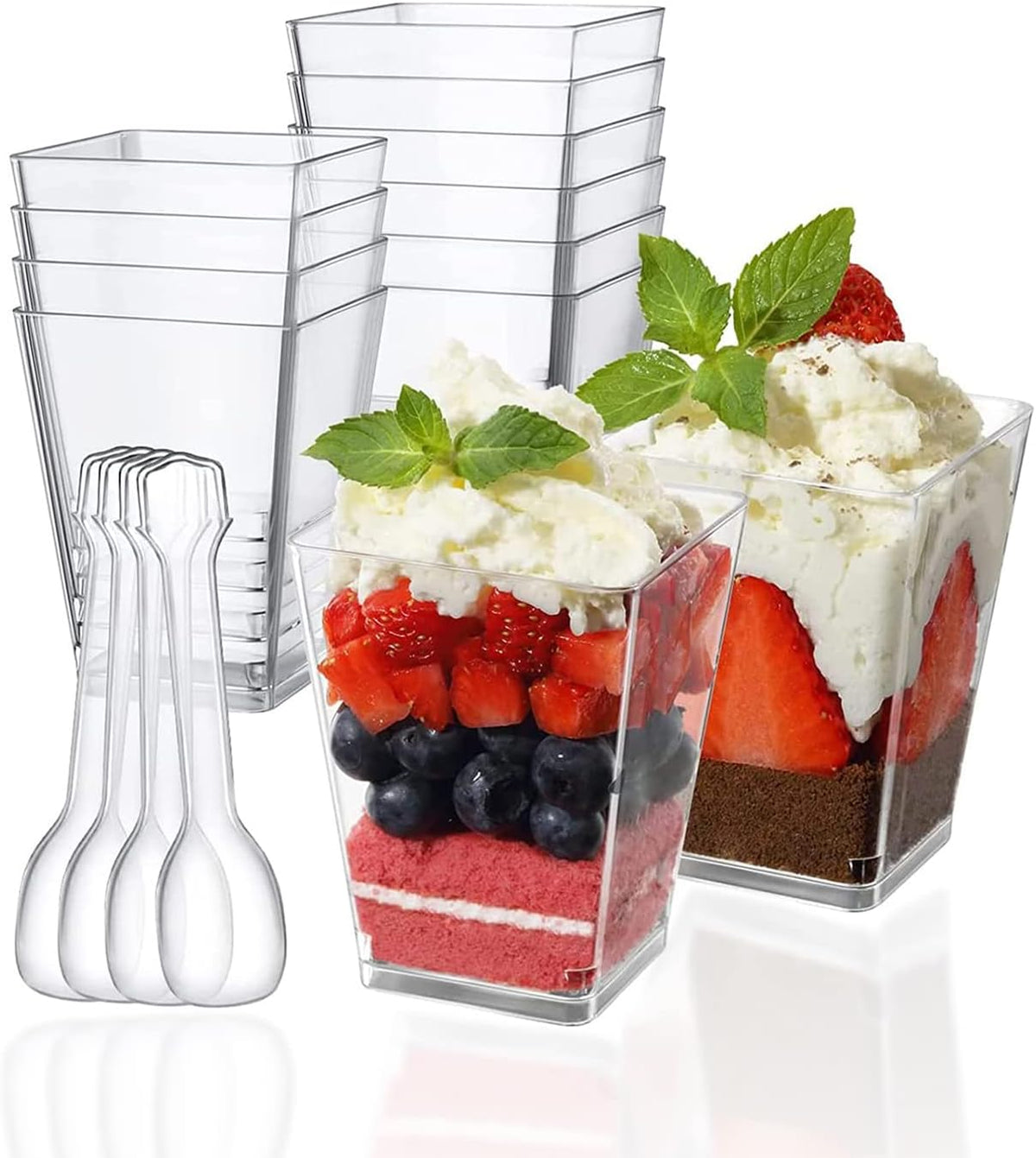 Mini dessert cups (with spoon) 50 pieces reusable - clear - square plastic dessert cups - cheesecake pots - multi-purpose dessert bowls for mousse pudding - dessert party supplies