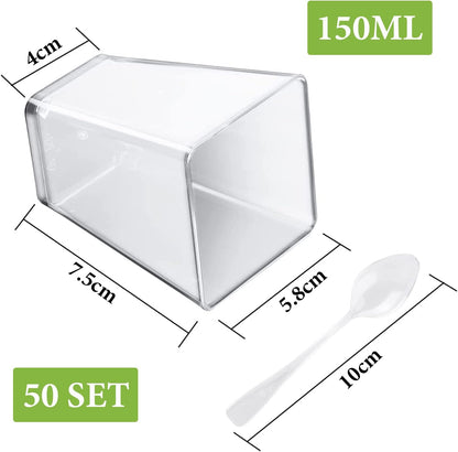 Mini dessert cups (with spoon) 50 pieces reusable - clear - square plastic dessert cups - cheesecake pots - multi-purpose dessert bowls for mousse pudding - dessert party supplies
