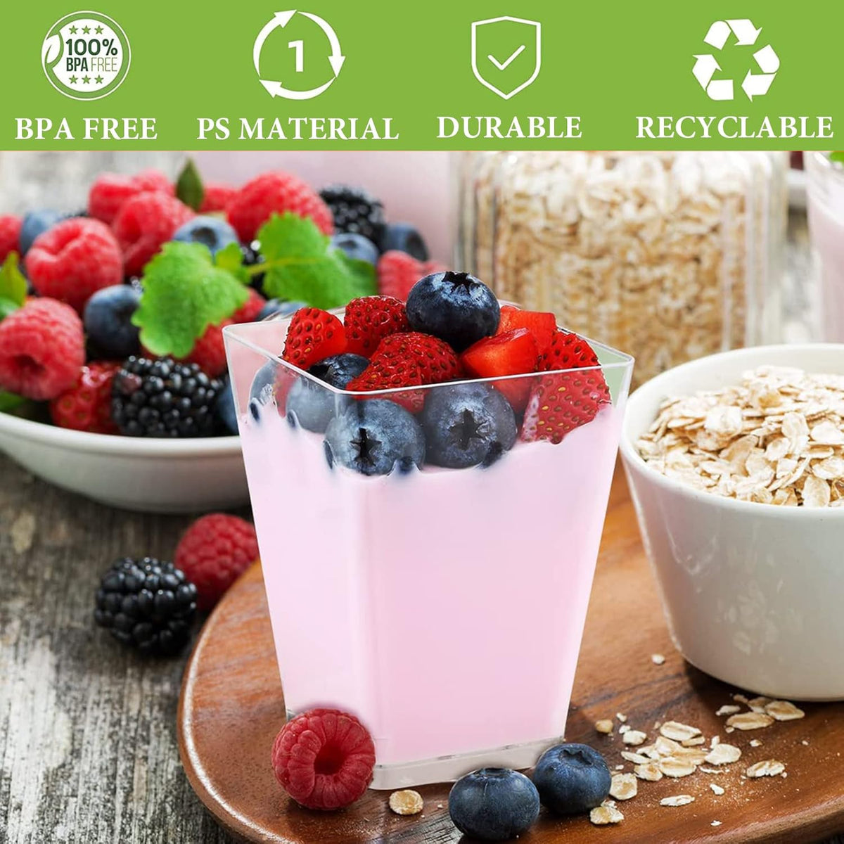 Mini dessert cups (with spoon) 50 pieces reusable - clear - square plastic dessert cups - cheesecake pots - multi-purpose dessert bowls for mousse pudding - dessert party supplies