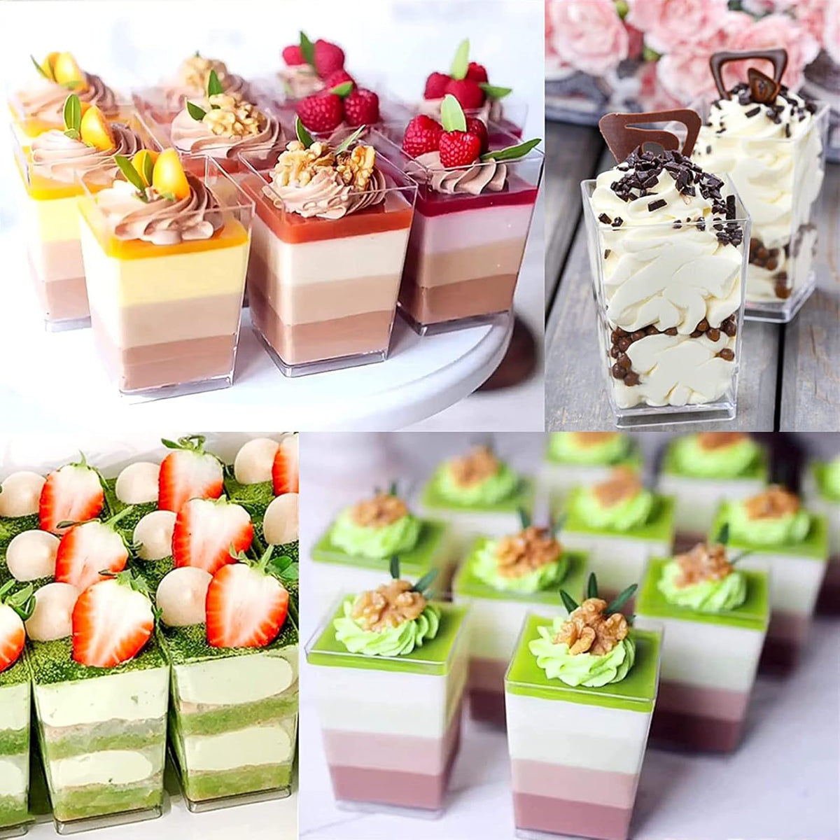 Mini dessert cups (with spoon) 50 pieces reusable - clear - square plastic dessert cups - cheesecake pots - multi-purpose dessert bowls for mousse pudding - dessert party supplies