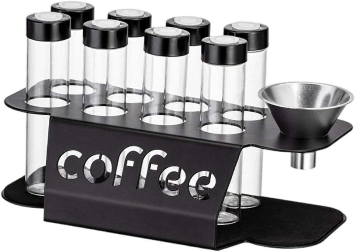 Coffee Bean Storage Containers - 8-pack Glass Jars for Storing Coffee Beans - Transparent Storage Containers, Reagent Racks, One-Way Valve - Portable Storage Jars