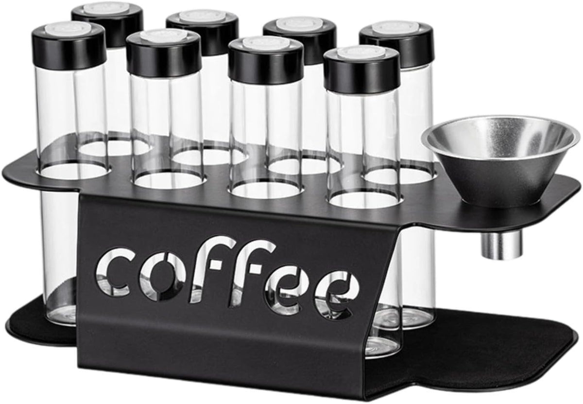 Coffee Bean Storage Containers - 8-pack Glass Jars for Storing Coffee Beans - Transparent Storage Containers, Reagent Racks, One-Way Valve - Portable Storage Jars