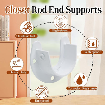 Biaungdo 1-1/4 Inch Stainless Steel Closet Rod End Supports, 2 Pcs White Heavy Duty Wardrobe Rod Brackets Closet Pole Sockets Flange Rod Holder, U-Shaped