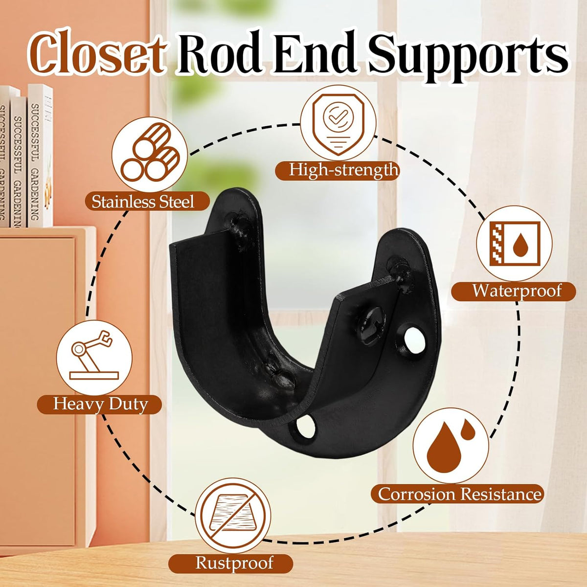 Biaungdo 1-1/4 Inch Stainless Steel Closet Rod End Supports, 4 Pcs Black Heavy Duty Wardrobe Rod Brackets Closet Pole Sockets Flange Rod Holder, U-Shaped