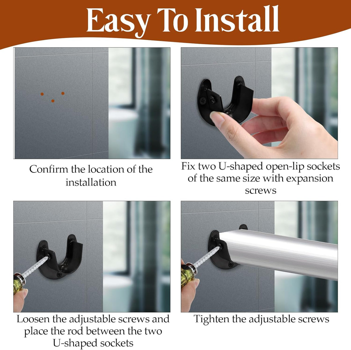 Biaungdo 1-1/4 Inch Stainless Steel Closet Rod End Supports, 4 Pcs Black Heavy Duty Wardrobe Rod Brackets Closet Pole Sockets Flange Rod Holder, U-Shaped