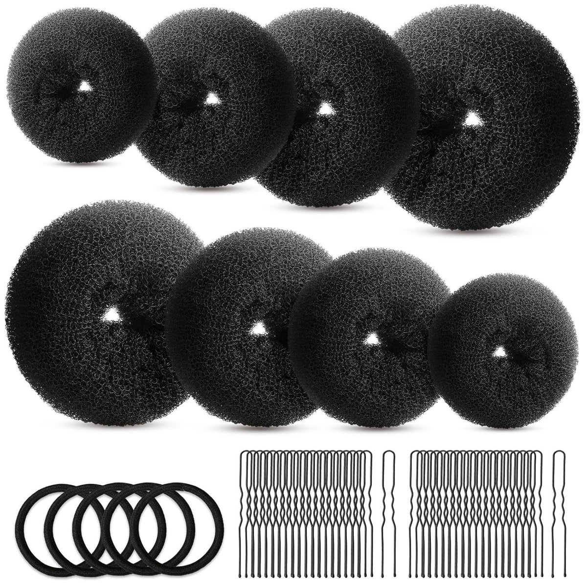 Hair Bun Maker Set- 8 PCS Hair Donuts or Buns (2 Extra-large,2 Large,2 Medium and 2 Small), 40 PCS Bobby Pins, 5 PCS Hair Elastic Ties Black,Bun Maker - Black