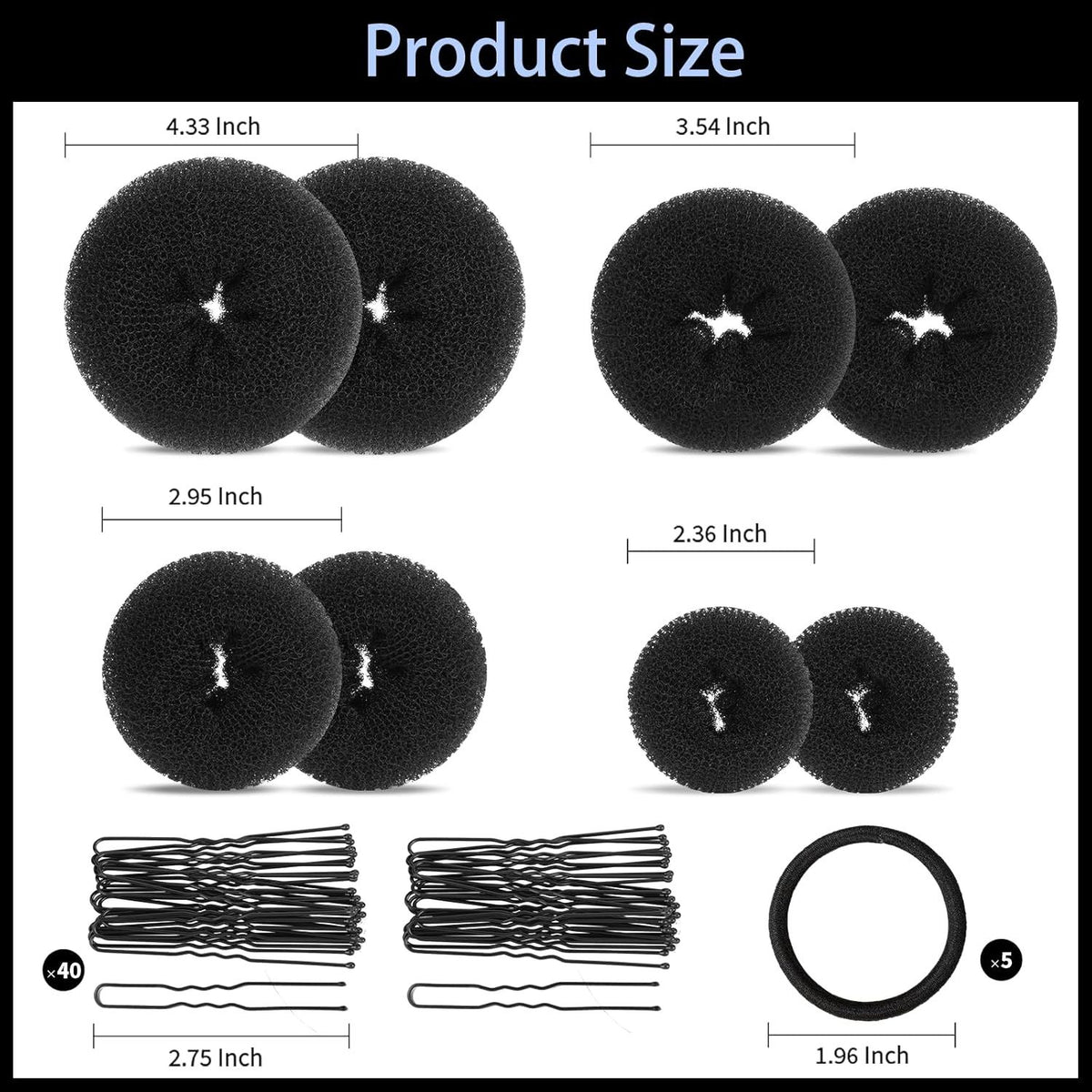 Hair Bun Maker Set- 8 PCS Hair Donuts or Buns (2 Extra-large,2 Large,2 Medium and 2 Small), 40 PCS Bobby Pins, 5 PCS Hair Elastic Ties Black,Bun Maker - Black