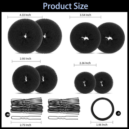 Hair Bun Maker Set- 8 PCS Hair Donuts or Buns (2 Extra-large,2 Large,2 Medium and 2 Small), 40 PCS Bobby Pins, 5 PCS Hair Elastic Ties Black,Bun Maker - Black