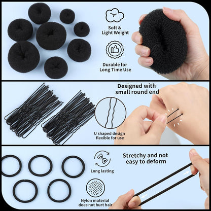 Hair Bun Maker Set- 8 PCS Hair Donuts or Buns (2 Extra-large,2 Large,2 Medium and 2 Small), 40 PCS Bobby Pins, 5 PCS Hair Elastic Ties Black,Bun Maker - Black