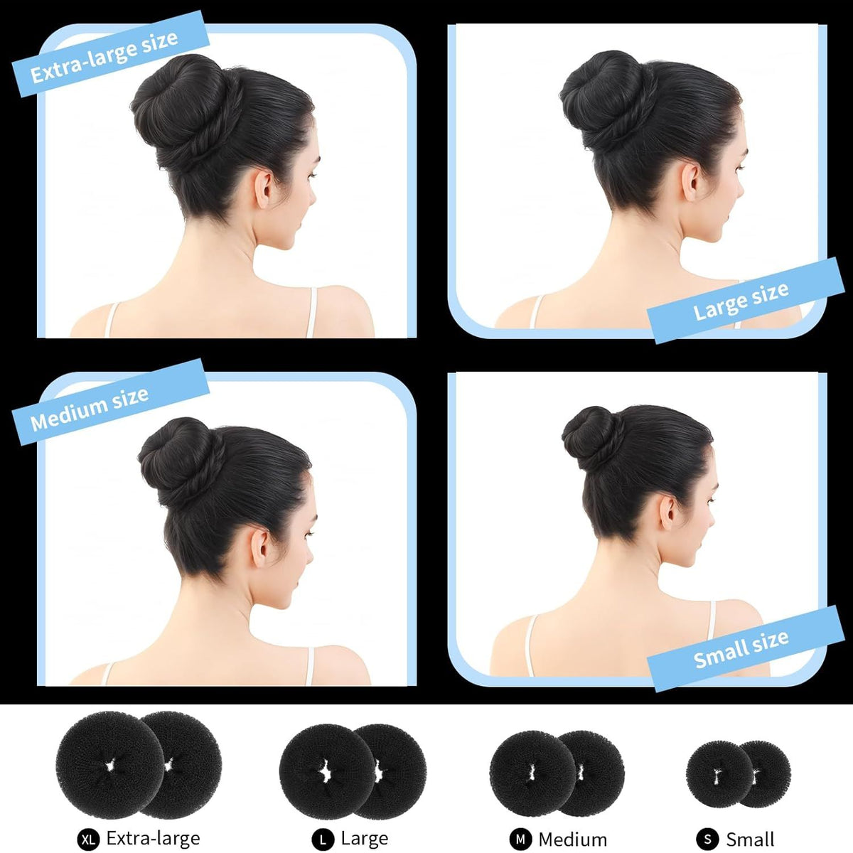 Hair Bun Maker Set- 8 PCS Hair Donuts or Buns (2 Extra-large,2 Large,2 Medium and 2 Small), 40 PCS Bobby Pins, 5 PCS Hair Elastic Ties Black,Bun Maker - Black