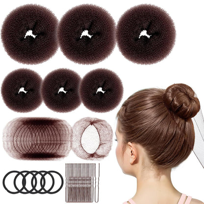 6 PCS Hair Bun Makers or Kids, 10 Invisible Bun Nets or Ballet Girls, 3PCS Extra Small 3PCS Small Donut Buns or Hair Kids, Bun Makers Hair Nets or Buns with 5 Elastics 20 Pins (Brown)