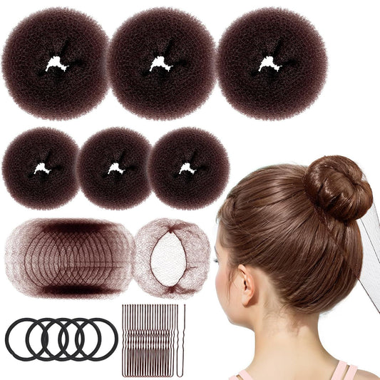 6 PCS Hair Bun Makers or Kids, 10 Invisible Bun Nets or Ballet Girls, 3PCS Extra Small 3PCS Small Donut Buns or Hair Kids, Bun Makers Hair Nets or Buns with 5 Elastics 20 Pins (Brown)
