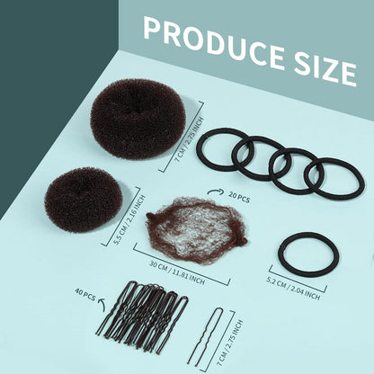 6 PCS Hair Bun Makers or Kids, 10 Invisible Bun Nets or Ballet Girls, 3PCS Extra Small 3PCS Small Donut Buns or Hair Kids, Bun Makers Hair Nets or Buns with 5 Elastics 20 Pins (Brown)