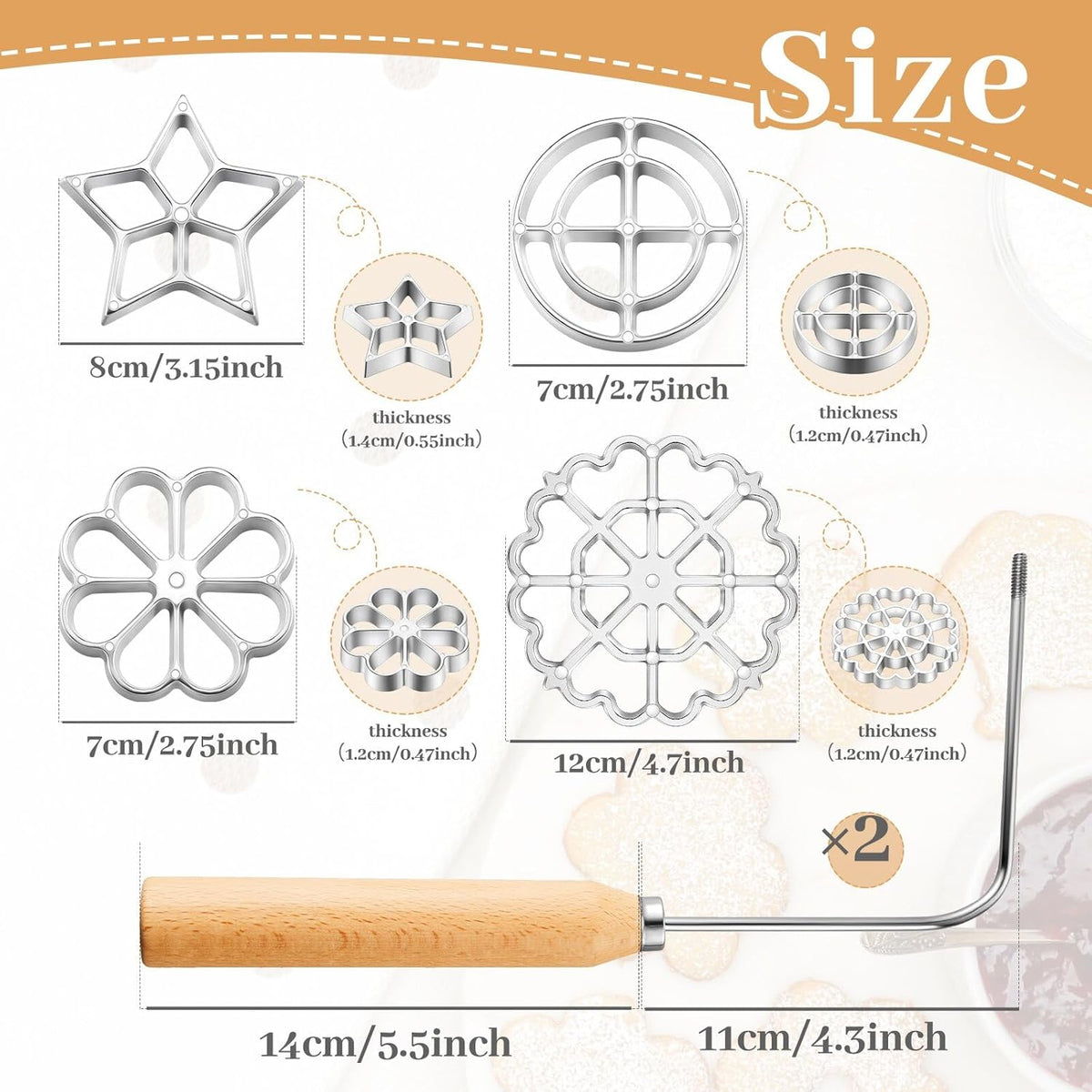 6 Pcs Rosette Iron Mold Set Bunuelos Mold with Handle Cooking Stamp Maker Kit Cookie Cutter Aluminum Alloy Waffle Maker with 3 Interchangeable Head Star Flower Circle(Wood)