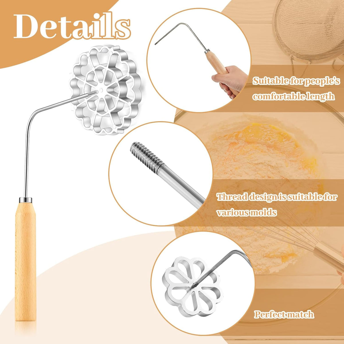 6 Pcs Rosette Iron Mold Set Bunuelos Mold with Handle Cooking Stamp Maker Kit Cookie Cutter Aluminum Alloy Waffle Maker with 3 Interchangeable Head Star Flower Circle(Wood)