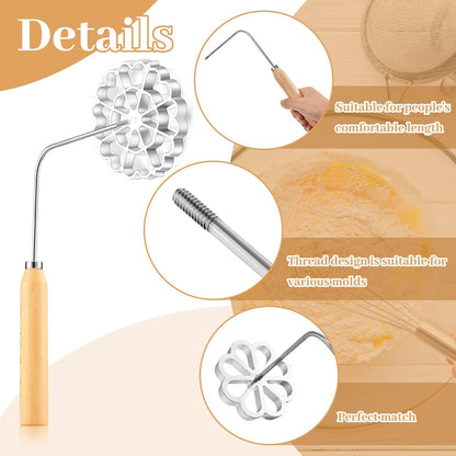 6 Pcs Rosette Iron Mold Set Bunuelos Mold with Handle Cooking Stamp Maker Kit Cookie Cutter Aluminum Alloy Waffle Maker with 3 Interchangeable Head Star Flower Circle(Wood)