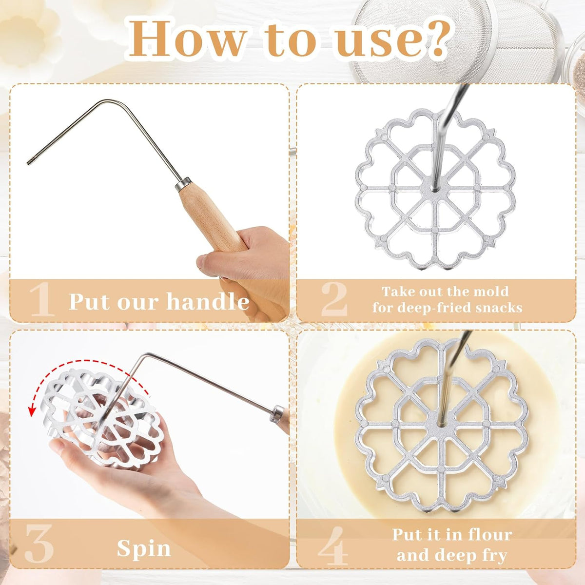 6 Pcs Rosette Iron Mold Set Bunuelos Mold with Handle Cooking Stamp Maker Kit Cookie Cutter Aluminum Alloy Waffle Maker with 3 Interchangeable Head Star Flower Circle(Wood)