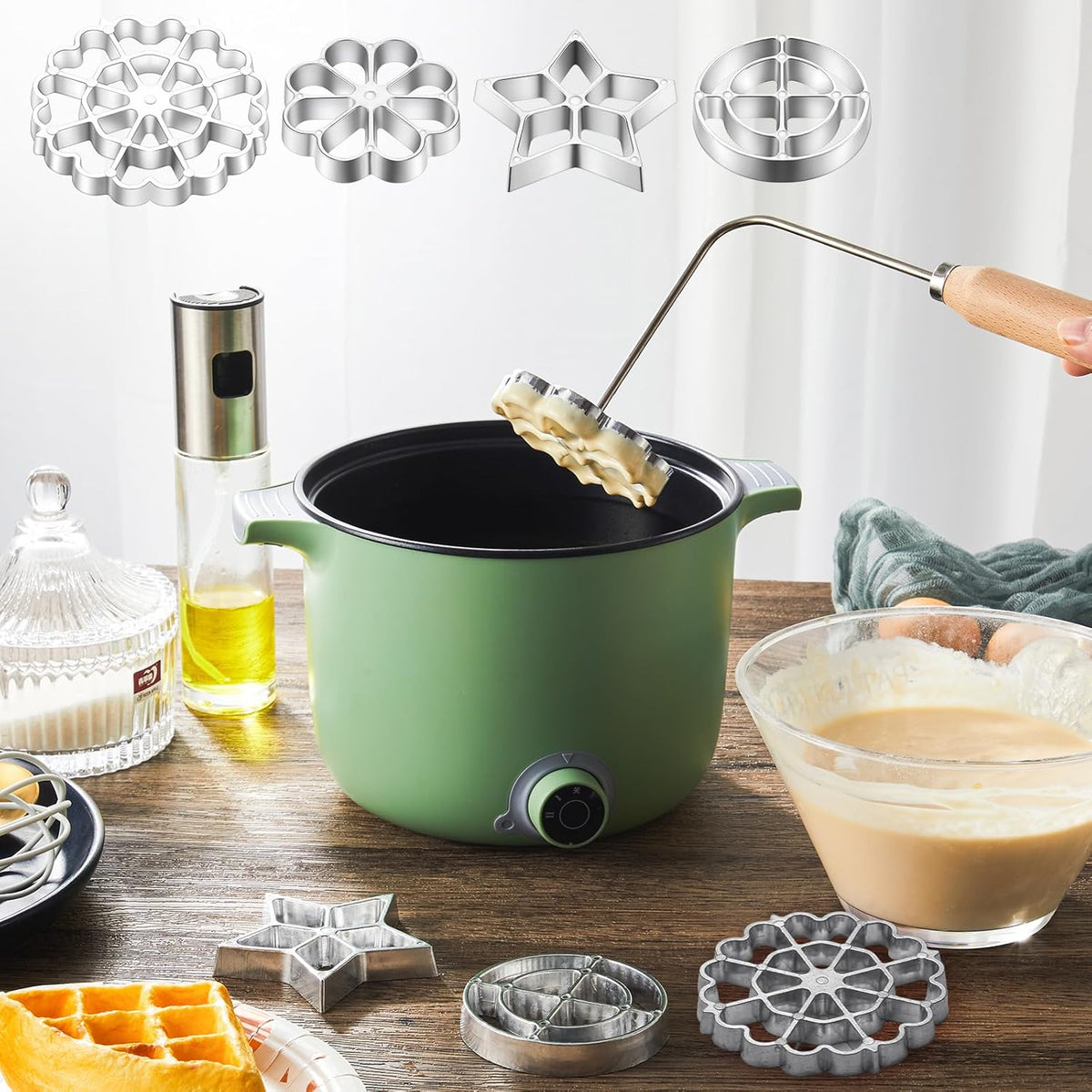6 Pcs Rosette Iron Mold Set Bunuelos Mold with Handle Cooking Stamp Maker Kit Cookie Cutter Aluminum Alloy Waffle Maker with 3 Interchangeable Head Star Flower Circle(Wood)