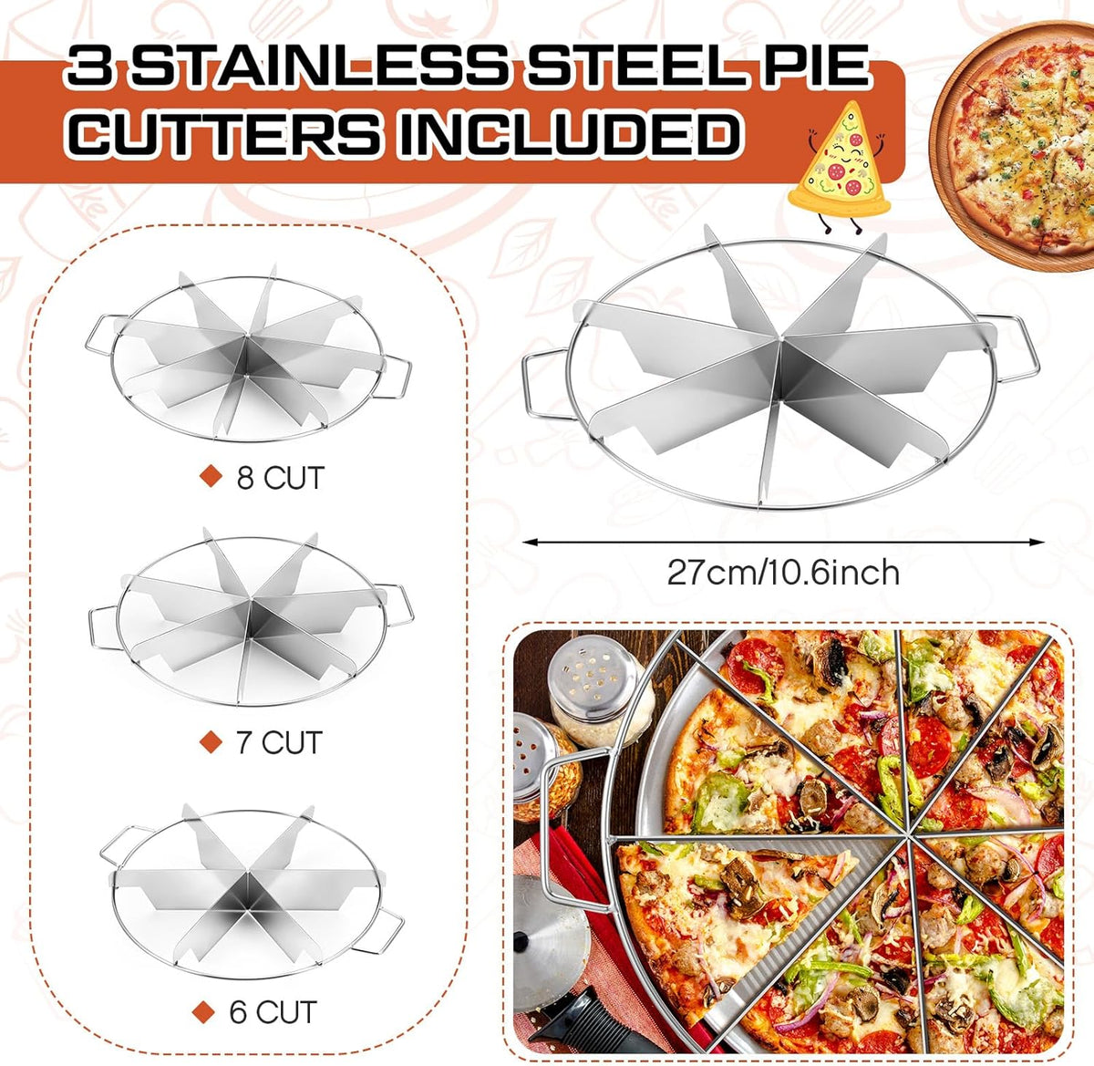 3 Pieces 8-cut, 7-cut and 6-cut Pie Cutter 10.6 Inches Diameter Stainless Steel Pie Slicer Rust Proof Cake Divider with Side Handle Pie Cutter Press for Commercial Home