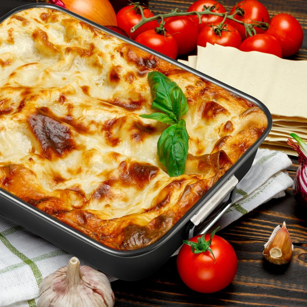 Lasagna Pan with Handles, 15x10x3 Inch Bakeware or Oven, Nonstick Rectangular Roasting Pan, Deep Baking Dish or Cake and Brownie, Heavy Duty