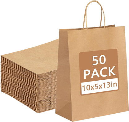 Moretoes 50pcs Brown Kraft Paper Bags - 10x5x13 Inches, Handles, Bulk - Retail & Shopping Bags for Birthday & Wedding Party Favors
