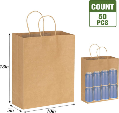 Moretoes 50pcs Brown Kraft Paper Bags - 10x5x13 Inches, Handles, Bulk - Retail & Shopping Bags for Birthday & Wedding Party Favors