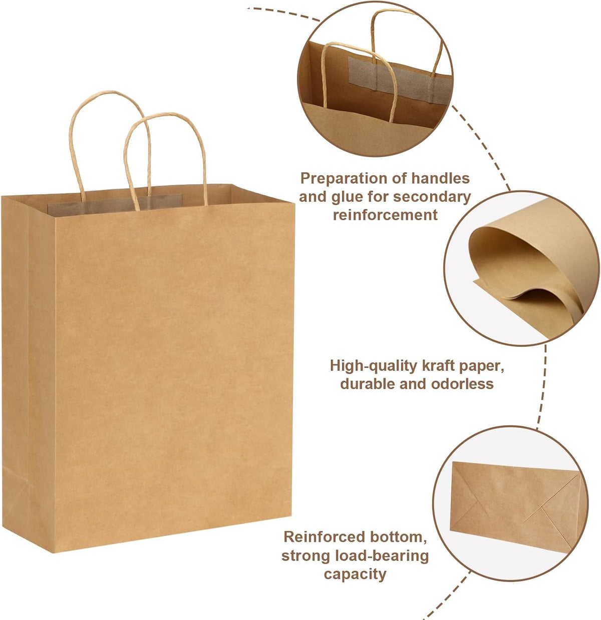 Moretoes 50pcs Brown Kraft Paper Bags - 10x5x13 Inches, Handles, Bulk - Retail & Shopping Bags for Birthday & Wedding Party Favors
