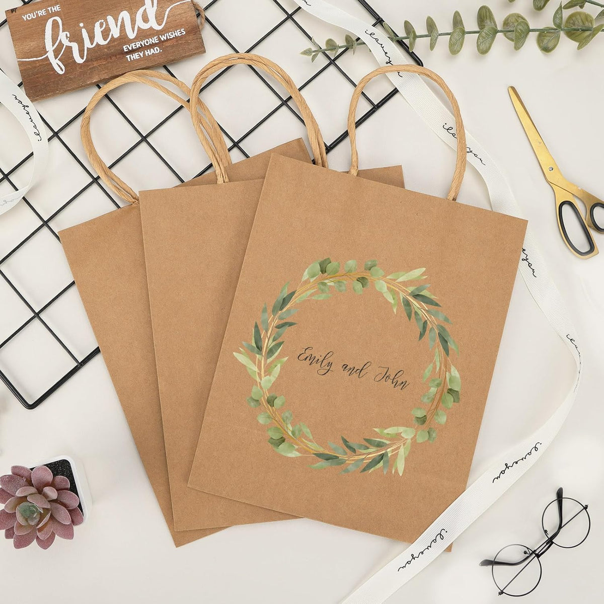 Moretoes 50pcs Brown Kraft Paper Bags - 10x5x13 Inches, Handles, Bulk - Retail & Shopping Bags for Birthday & Wedding Party Favors