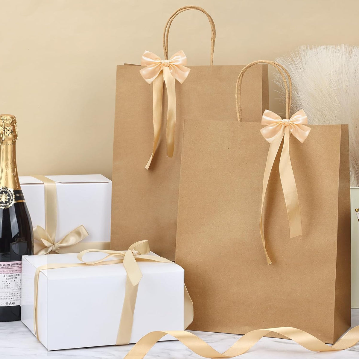 Moretoes 50pcs Brown Kraft Paper Bags - 10x5x13 Inches, Handles, Bulk - Retail & Shopping Bags for Birthday & Wedding Party Favors