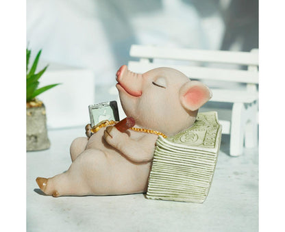 Lovely Moving Brick Reading Book Pig Ornament Home Desktop Decor Resin Craft-5#