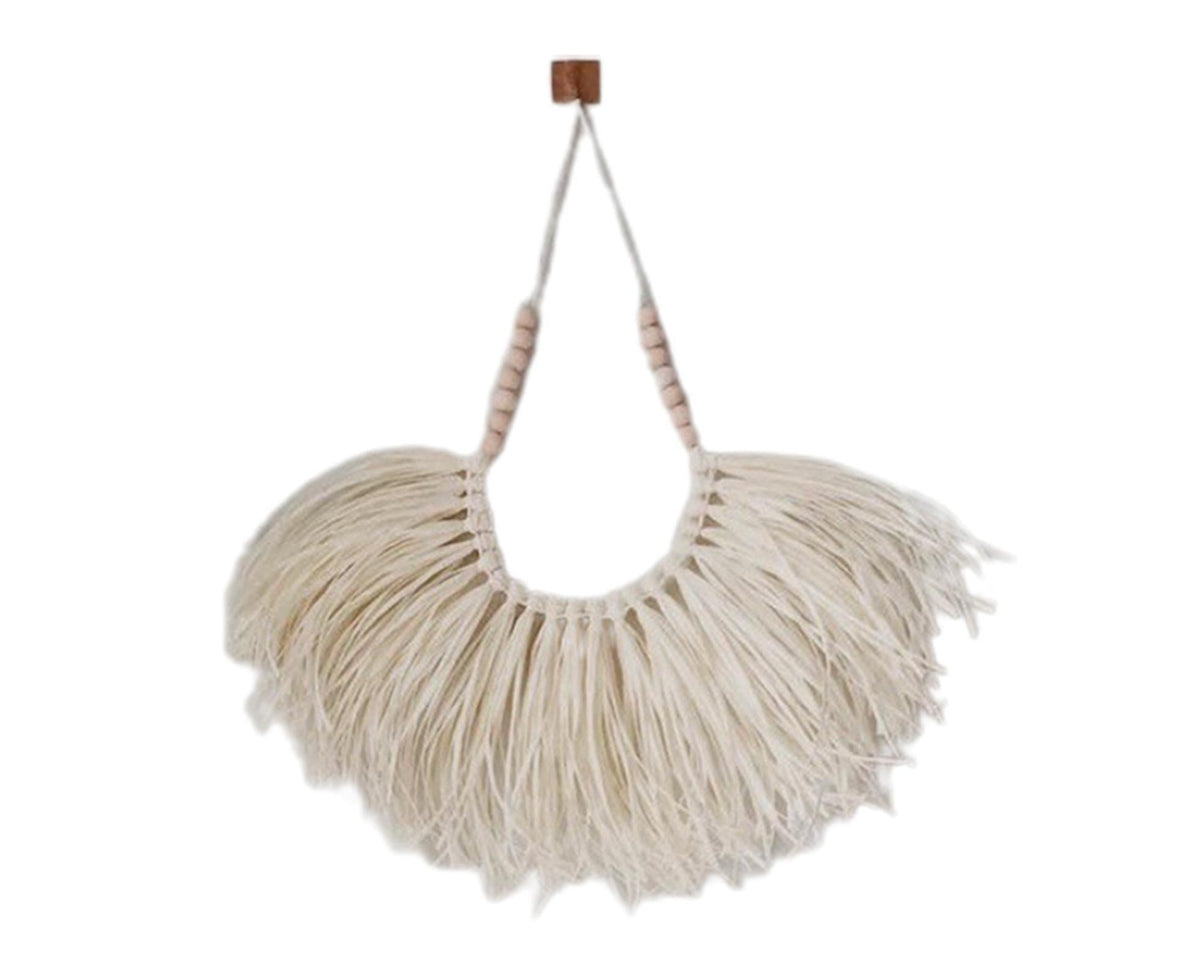 Vintage Handwoven Wall Hanging Wood Beads Elegant Straw Hanging Pendants for Office-Beige
