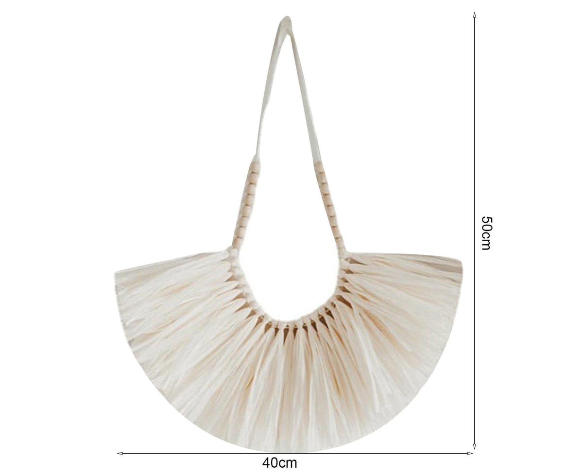 Vintage Handwoven Wall Hanging Wood Beads Elegant Straw Hanging Pendants for Office-Beige