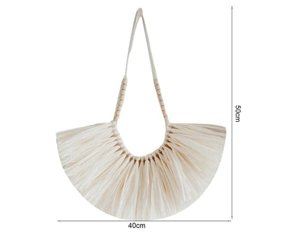 Vintage Handwoven Wall Hanging Wood Beads Elegant Straw Hanging Pendants for Office-Beige