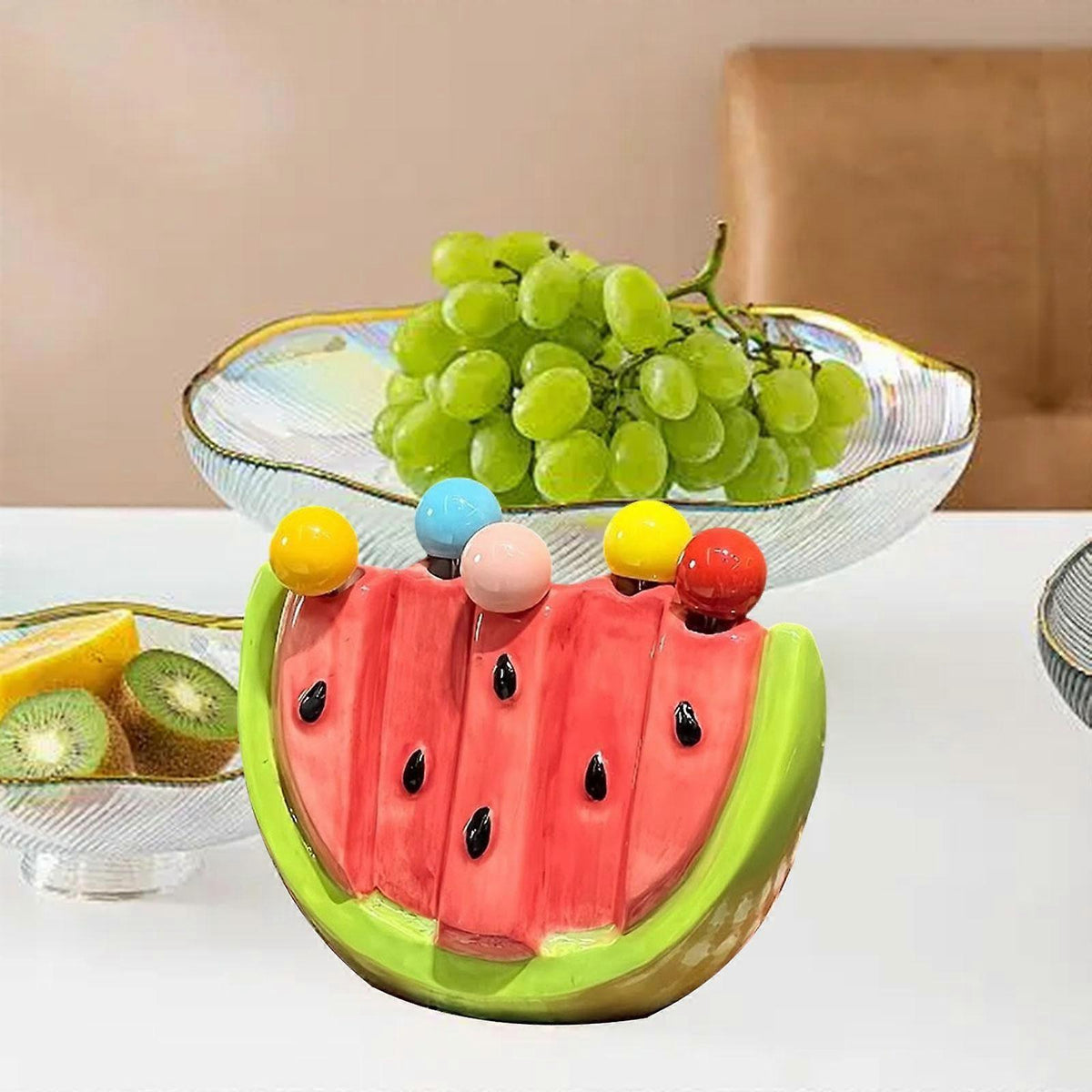 5pcs Fruit Forks with Ceramic Storage Jar Dessert Forks for Salad Picnic Party