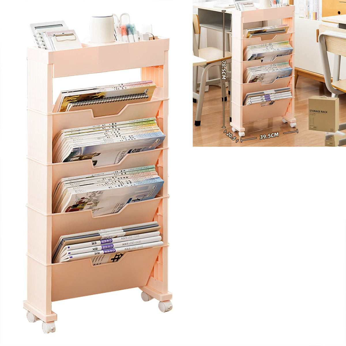 Classroom Bookshelf Multilayer with Universal Wheel Book Storage Shelving for Living Room