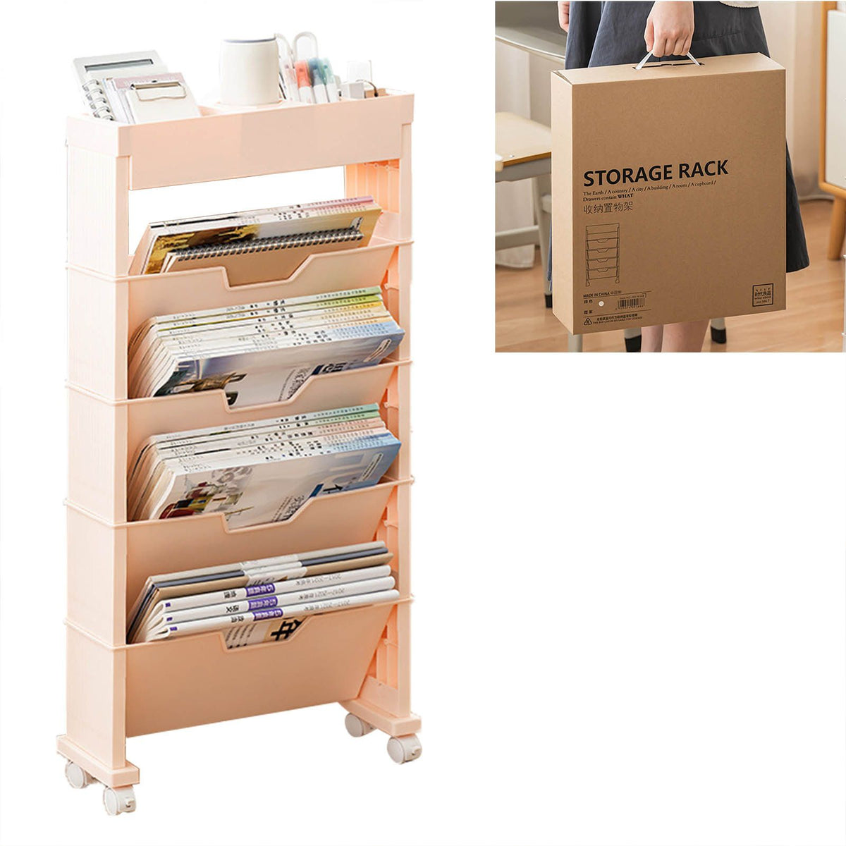 Classroom Bookshelf Multilayer with Universal Wheel Book Storage Shelving for Living Room