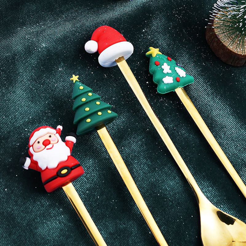 4PCS Christmas Spoon Fork Set Stainless Steel Santa Christmas Tree Shaped Decor Tableware for Home Dinner with Green Box
