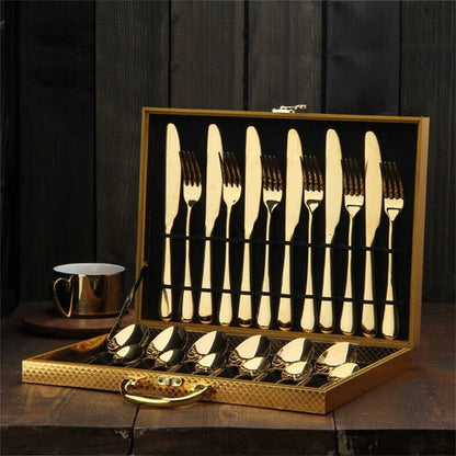 24pc Elegant Stainless Steel Gold Flatware Set Classic Knife Fork Spoon Gift Set