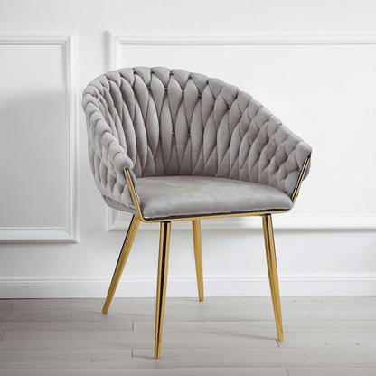 SERENITà Grey Modern Velvet Dining Chairs, Upholstered Living Room Chair with Woven Back and Golden Metal Legs, Mid-Century Accent Set of 2(Grey)
