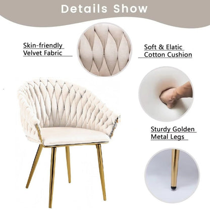 SERENITà Ivory Modern Velvet Dining Chairs, Upholstered Living Room Chair with Woven Back and Golden Metal Legs, Mid-Century Accent Set of 2(Ivory)