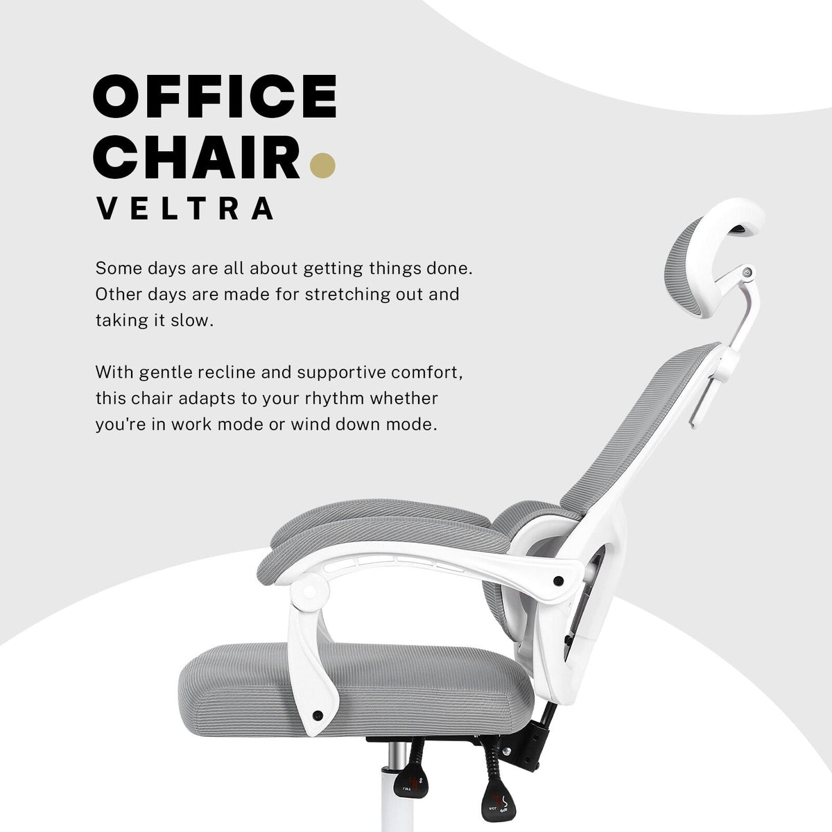Ergonomic Reclining Office Chair - Lumbar Support, Adjustable Headrest VELTRA - GREY