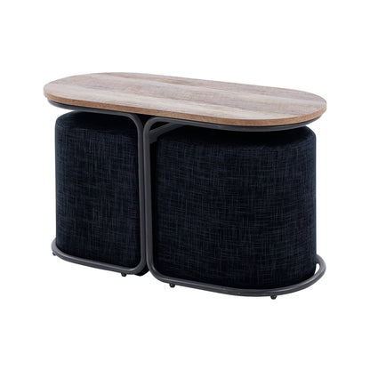 3 Piece Set Coffee Table & Ottoman Wood Side End Table Industrial - Black